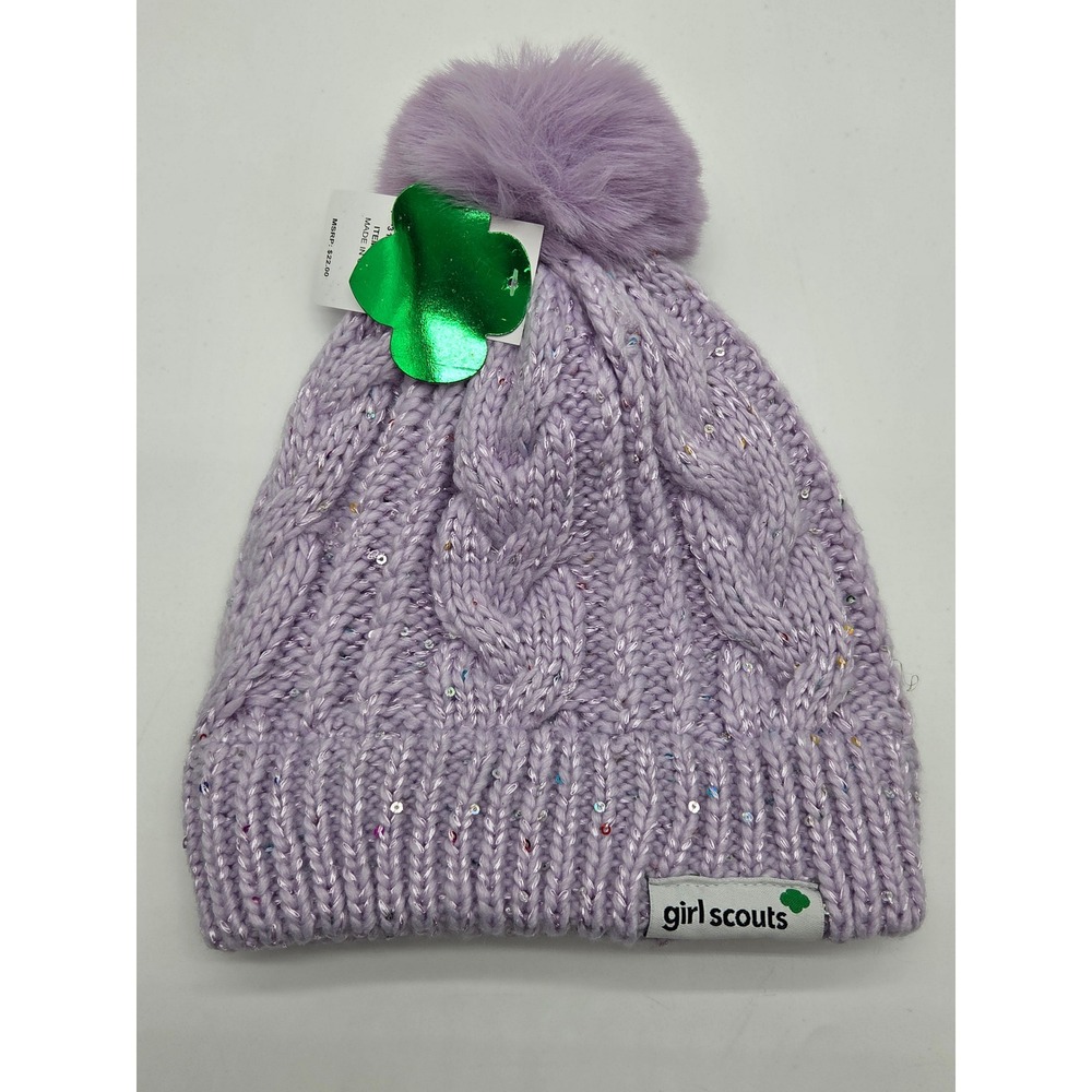 Girl Scouts Lavender Cable Knit Sequin Pom Beanie Faux Fur NWT 101-847